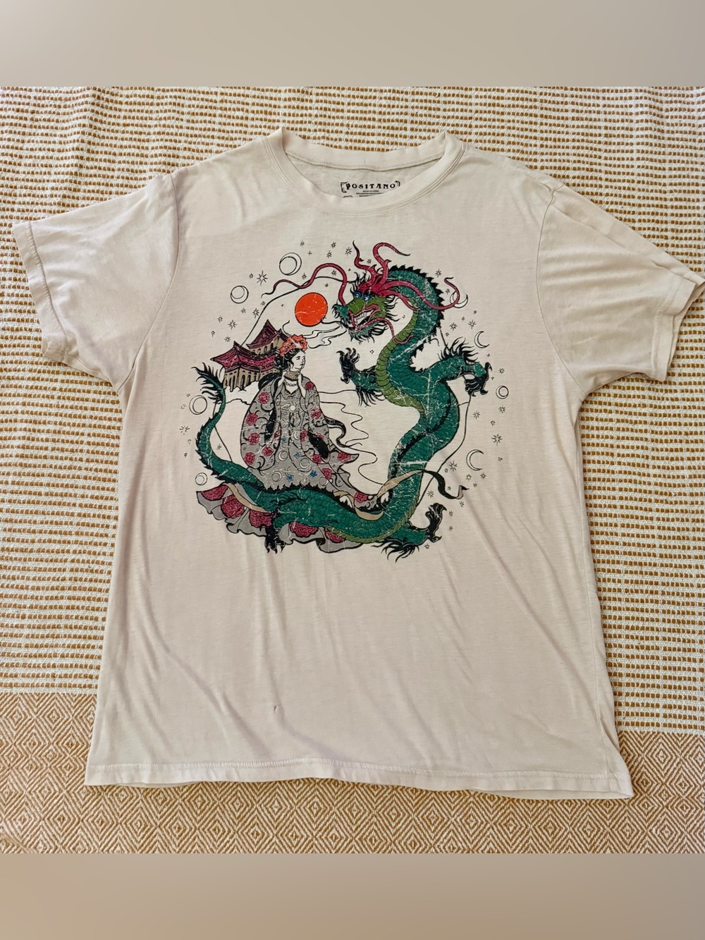 Positano Dragon & Geisha Graphic Tee Cream Beige Vintage Tattoo Style